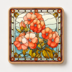 Square wooden coaster featuring a stained glass style Coral Geranium flower arrangement with vibrant coral, peach, and soft orange blooms, accented by golden-green foliage and an elegant decorative stained glass border. Botanical wood coaster perfect for home décor, coffee tables, floral gifts, garden enthusiasts, nature lovers, and decorative drinkware accessories.
