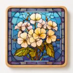Square wooden coaster featuring a stained glass style White Begonia flower design with soft ivory and cream blossoms, green foliage, and an elegant blue and purple decorative glass background. Durable wood drink coaster perfect for home décor, coffee tables, floral gifts, botanical enthusiasts, and nature-inspired accessories.