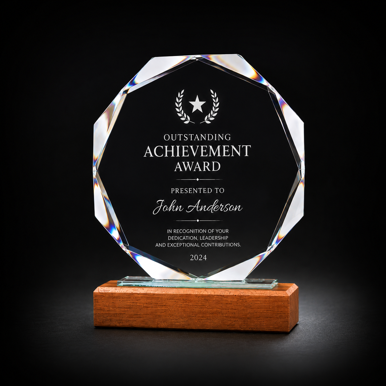 Prestige Crystal Achievement Award Trophy – Personalized Crystal Recognition Award Personalized crystal achievement award trophy with laser engraving, multi-faceted crystal design, and elegant wooden base for corporate recognition and employee awards.