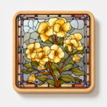 Square wooden coaster featuring a stained glass style Yellow Primrose flower design with soft golden-yellow blooms, green foliage, and decorative mosaic borders. Durable wood drink coaster ideal for home décor, coffee tables, gifts, floral enthusiasts, and nature-inspired accessories.