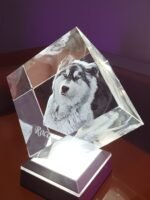 80 × 80 × 80 mm faceted diamond crystal photo block with LED base featuring a custom 3D laser engraved pet photo by Pixel & Beam Canada