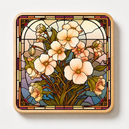 Square wooden coaster featuring a stained glass style Dogwood blossom design with cream-white flowers, green foliage, and decorative mosaic borders. Floral wooden drink coaster with a vintage art aesthetic, ideal for coffee tables, home décor, gifts, nature lovers, and botanical-themed accessories.