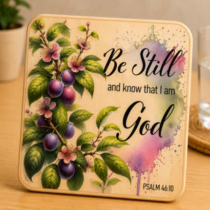 Inspirational wooden coaster featuring the Bible verse “Be Still and Know That I Am God” from Psalm 46:10. Designed with beautiful purple plums, pink blossoms, and lush green leaves on a natural wood grain background accented with soft watercolor splashes. Faith-based Christian décor perfect for coffee tables, desks, kitchens, prayer rooms, and devotional spaces. A meaningful religious gift for Christians, pastors, mothers, friends, church members, Bible study groups, housewarmings, birthdays, and everyday encouragement. Rustic farmhouse-style coaster with vibrant UV-printed artwork and an uplifting message of faith and peace.