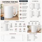 Customizable 12oz white ceramic coffee mug with printable wrap-around design area, product dimensions, all-around views, dishwasher-safe and microwave-safe features, and personalization options for photos, logos, and custom artwork.