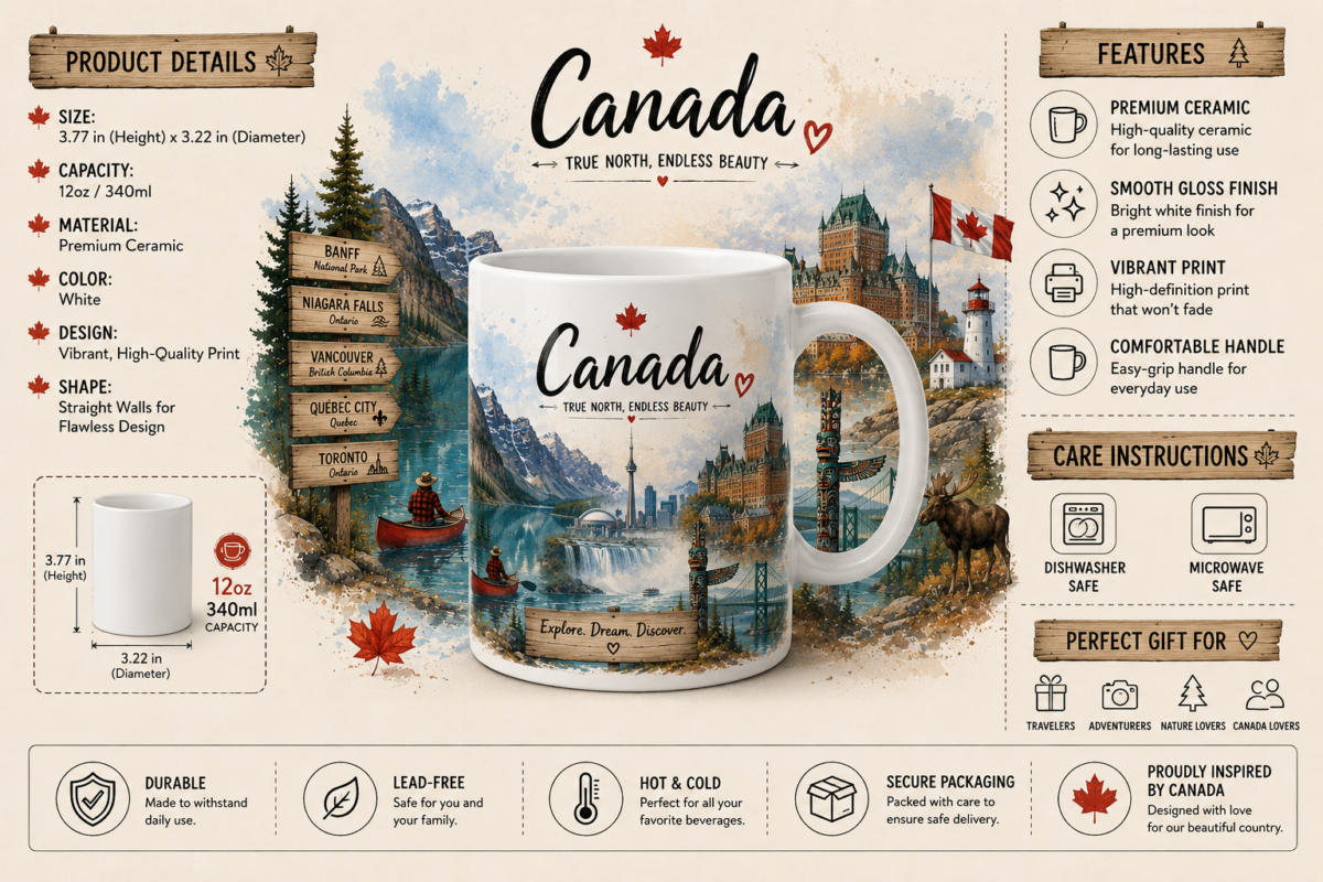 12oz ceramic coffee mug featuring iconic Canadian landmarks and destinations including Banff National Park, Niagara Falls, Vancouver, Québec City, Toronto, Canadian wildlife, and scenic landscapes. Perfect souvenir and gift for Canada lovers and travelers.