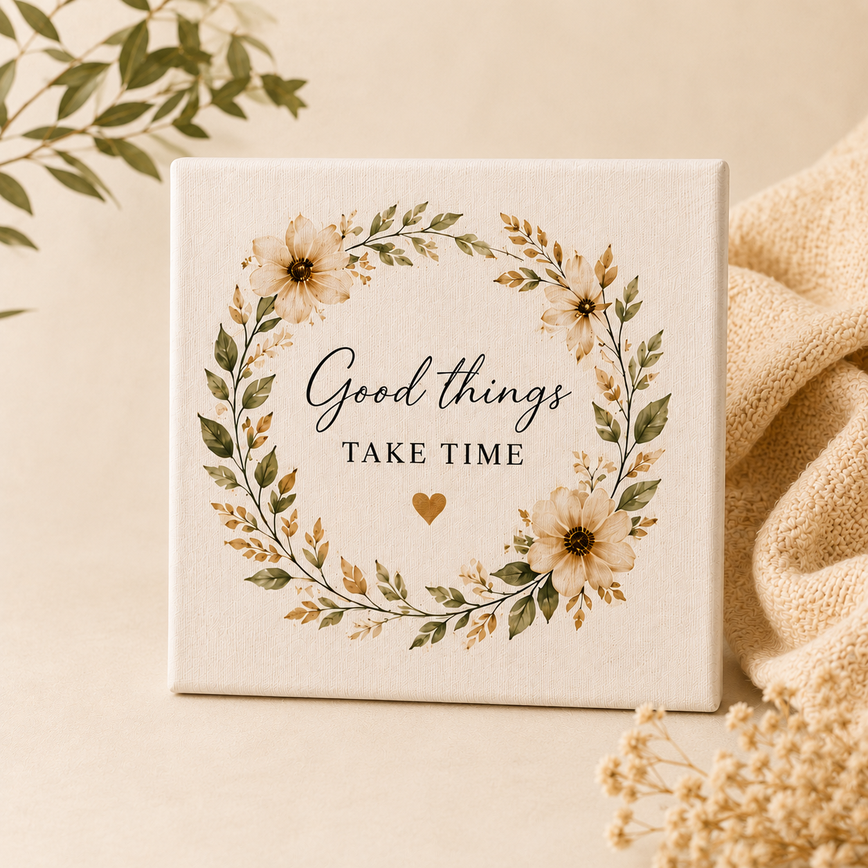 Good Things Take Time Custom Canvas Fridge Magnet – Personalized Floral Mini Canvas Refrigerator Magnet Good Things Take Time custom canvas fridge magnet featuring an elegant floral wreath design on a premium mini canvas. Personalized refrigerator magnet ideal for inspirational quotes, custom photos, family keepsakes, wedding gifts, anniversary gifts, memorial gifts, farmhouse décor, and motivational home accents. Durable mini canvas magnet with vibrant print quality, strong magnetic backing, and beautiful floral artwork for refrigerators, lockers, and office spaces.