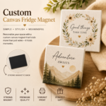 Custom canvas fridge magnet with personalized mini canvas print and strong magnetic backing. Decorative refrigerator magnet ideal for custom photos, family portraits, wedding memories, anniversary gifts, memorial keepsakes, inspirational quotes, and personalized home décor. Premium quality canvas magnet featuring vibrant printing, durable construction, and secure magnetic hold for refrigerators, lockers, and office spaces.
