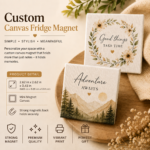 Custom canvas fridge magnet with premium mini canvas print and strong magnetic backing. Personalized refrigerator magnet ideal for custom photos, family portraits, wedding keepsakes, memorial gifts, anniversary gifts, baby announcements, inspirational quotes, and home décor. Mini canvas magnet measuring 2.62 x 2.62 inches with vibrant print quality, durable construction, and secure magnetic hold.