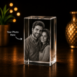 Personalized 3D Crystal Rectangle Block laser engraved with a family photo in premium K9 crystal with optional LED light base.