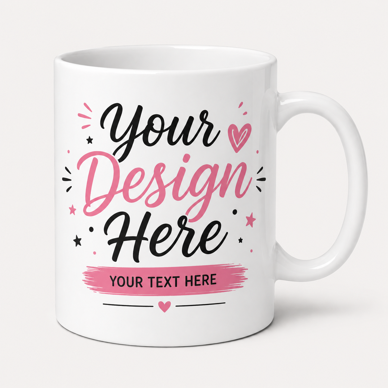 Custom Personalized Ceramic Coffee Mug – Your Design Here White ceramic coffee mug with customizable design area featuring “Your Design Here” and personalized text placeholder, ideal for custom photo mugs, logo mugs, and personalized gift mugs.