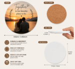 Personalized ceramic photo coaster with cork backing featuring a custom couple photo and quote, absorbent round drink coaster perfect for wedding gifts, anniversary gifts, couples gifts, and personalized home decor.