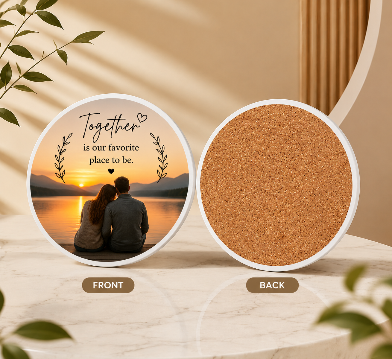 Personalized Photo Coaster | Custom Round Coaster with Photo, Quote & Cork Backing Personalized photo coaster featuring a custom couple photo and meaningful quote on a round coaster with cork backing, perfect for wedding gifts, anniversary gifts, couples gifts, and personalized home decor.