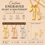 Personalized Engraved Heart & Bar Pendant Necklace in Gold, Rose Gold, and Silver with custom names, dates, or meaningful messages