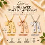Personalized Engraved Heart & Bar Pendant Necklace in Gold, Rose Gold, and Silver with custom names, dates, or meaningful messages