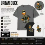 Urban Duck T-Shirt printed with vibrant DTF graphics on a premium cotton blend unisex tee available in white, black, and grey.