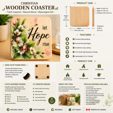 Product information sheet for a Christian wooden coaster featuring the inspirational phrase “Let Hope Rise” surrounded by watercolor floral artwork. The coaster is made from premium natural wood with a UV-printed high-resolution design, smooth rounded edges, and non-slip foam pads. Measures 4 x 4 inches (10.1 x 10.1 cm) with a thickness of 0.24 inches (0.6 cm). Ideal for home décor, daily devotions, Christian gifts, church events, weddings, Christmas gifts, and faith-inspired keepsakes. Printed in Canada and designed as a meaningful religious gift with durable, eco-friendly construction.