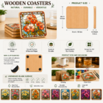 Set of square blank wooden coasters made from natural wood with smooth rounded edges and non-slip foam pads. Ideal for laser engraving, UV printing, painting, staining, carving, resin art, personalized gifts, home décor, weddings, and DIY craft projects. 4-inch unfinished wood coasters.