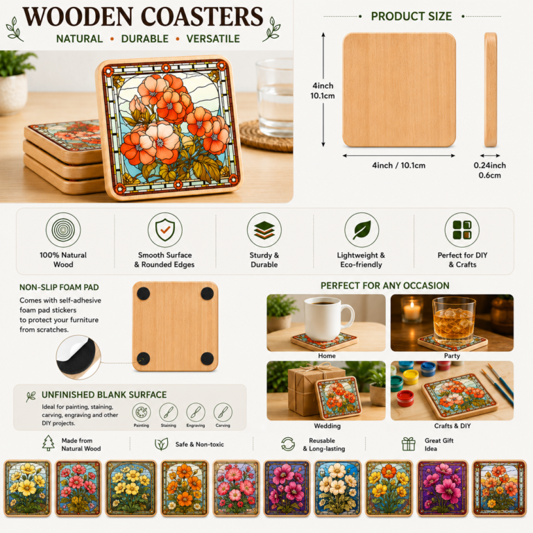 Set of square blank wooden coasters made from natural wood with smooth rounded edges and non-slip foam pads. Ideal for laser engraving, UV printing, painting, staining, carving, resin art, personalized gifts, home décor, weddings, and DIY craft projects. 4-inch unfinished wood coasters.
