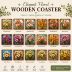 Elegant floral wooden coaster with vibrant UV printed yellow flower stained glass design on natural wood.