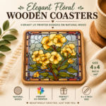 Elegant floral wooden coaster with vibrant UV printed yellow flower stained glass design on natural wood.