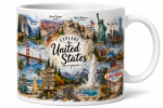 White ceramic travel mug featuring famous United States landmarks including Yosemite National Park, Grand Canyon, Mount Rushmore, Statue of Liberty, New York City, Chicago, Golden Gate Bridge, San Diego, Yellowstone, Route 66, and Las Vegas. Vibrant USA-themed souvenir coffee mug for travelers and adventure lovers.