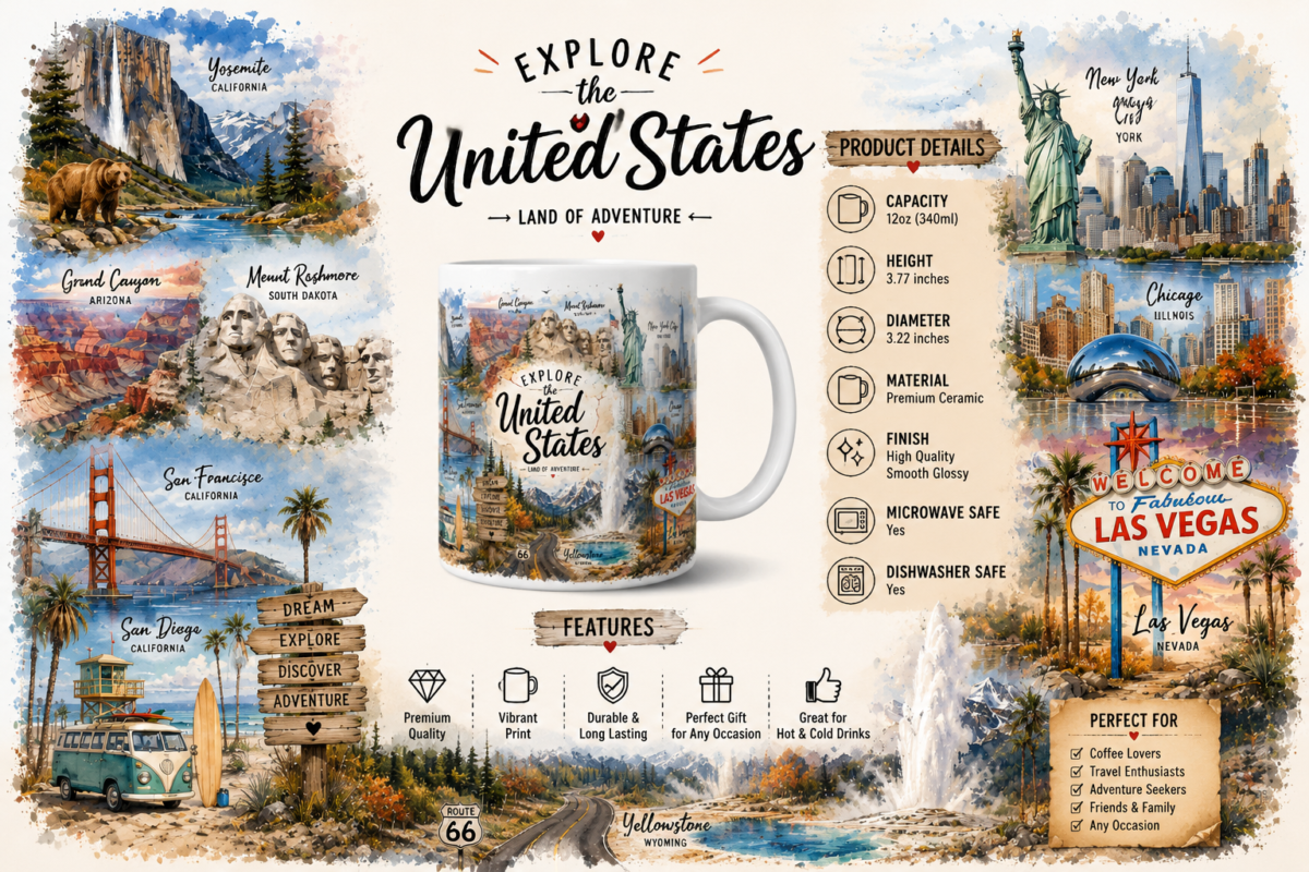 Ceramic travel mug featuring iconic United States landmarks and destinations including Yosemite National Park, Grand Canyon, Mount Rushmore, Golden Gate Bridge, New York City, Chicago, Las Vegas, Yellowstone, and Route 66. Perfect souvenir mug for travelers and USA enthusiasts.