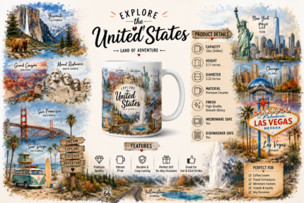 Ceramic travel mug featuring iconic United States landmarks and destinations including Yosemite National Park, Grand Canyon, Mount Rushmore, Golden Gate Bridge, New York City, Chicago, Las Vegas, Yellowstone, and Route 66. Perfect souvenir mug for travelers and USA enthusiasts.