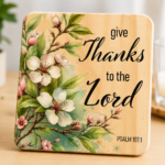 Inspirational wooden coaster featuring the Bible verse “Give Thanks to the Lord” from Psalm 107:1. Designed with elegant white blossoms, pink flower buds, and lush green leaves on a natural wood grain background with soft watercolor accents. Rustic farmhouse-style Christian décor perfect for coffee tables, kitchens, offices, prayer spaces, and faith-filled homes. A thoughtful religious gift for Christians, pastors, mothers, friends, church events, Thanksgiving, housewarmings, birthdays, and everyday encouragement.