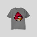 Angry Bird Unisex T-Shirt featuring a bold word-art bird graphic with premium DTF printing on a soft cotton blend fabric available in white, black, and grey.