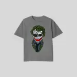 Joker word art graphic t-shirt featuring colorful typography face design, available in grey, black, and white with premium DTF print streetwear style