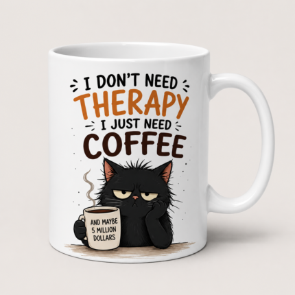 White ceramic coffee mug featuring a grumpy black cat holding a coffee cup with the funny quote “I Don't Need Therapy, I Just Need Coffee... And Maybe 5 Million Dollars.” Humorous coffee lover gift mug perfect for cat lovers, coworkers, office desks, and daily coffee enthusiasts.