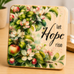 Rustic wooden coaster featuring the uplifting phrase “Let Hope Rise” surrounded by beautiful apple blossoms, green leaves, and ripe apples in a watercolor botanical style. Natural wood grain background with soft pastel floral accents creates a warm and encouraging design. Perfect as an inspirational gift, farmhouse décor accessory, Christian home decoration, kitchen coaster, coffee table accent, or thoughtful encouragement gift for friends and family.