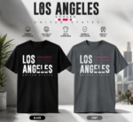 Los Angeles Unisex T-Shirt featuring modern LA city typography design, unisex streetwear tee available in grey, black, and white with premium DTF print