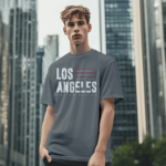 Los Angeles Unisex T-Shirt featuring modern LA city typography design, unisex streetwear tee available in grey, black, and white with premium DTF print