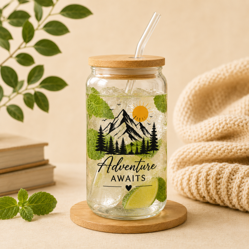 SEO Title Personalized Beer Can Glass with Bamboo Lid & Glass Straw | Adventure Awaits 16oz Glass Cup SEO Alt Text Personalized beer can glass with bamboo lid and reusable glass straw featuring an Adventure Awaits mountain design, custom UV printed on a 16oz drinking glass.