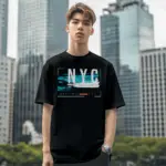 NYC Graphic T-Shirt featuring bold urban NYC print on black streetwear t-shirt model shot