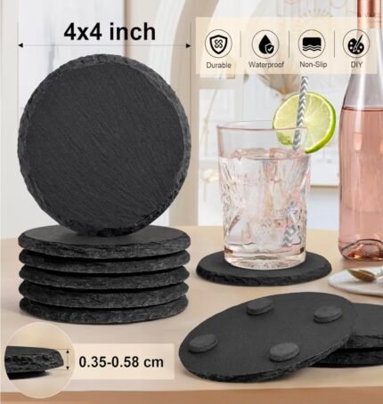 Blank round natural slate coaster with rustic split-edge design, non-slip pads, and durable stone surface for custom UV printing, laser engraving, personalized gifts, and home décor projects.
