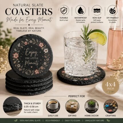 Personalized natural slate coaster featuring the quote "Enjoy The Little Moments" with floral wreath design, rustic stone finish, and custom gift coaster for home décor and drinkware protection.