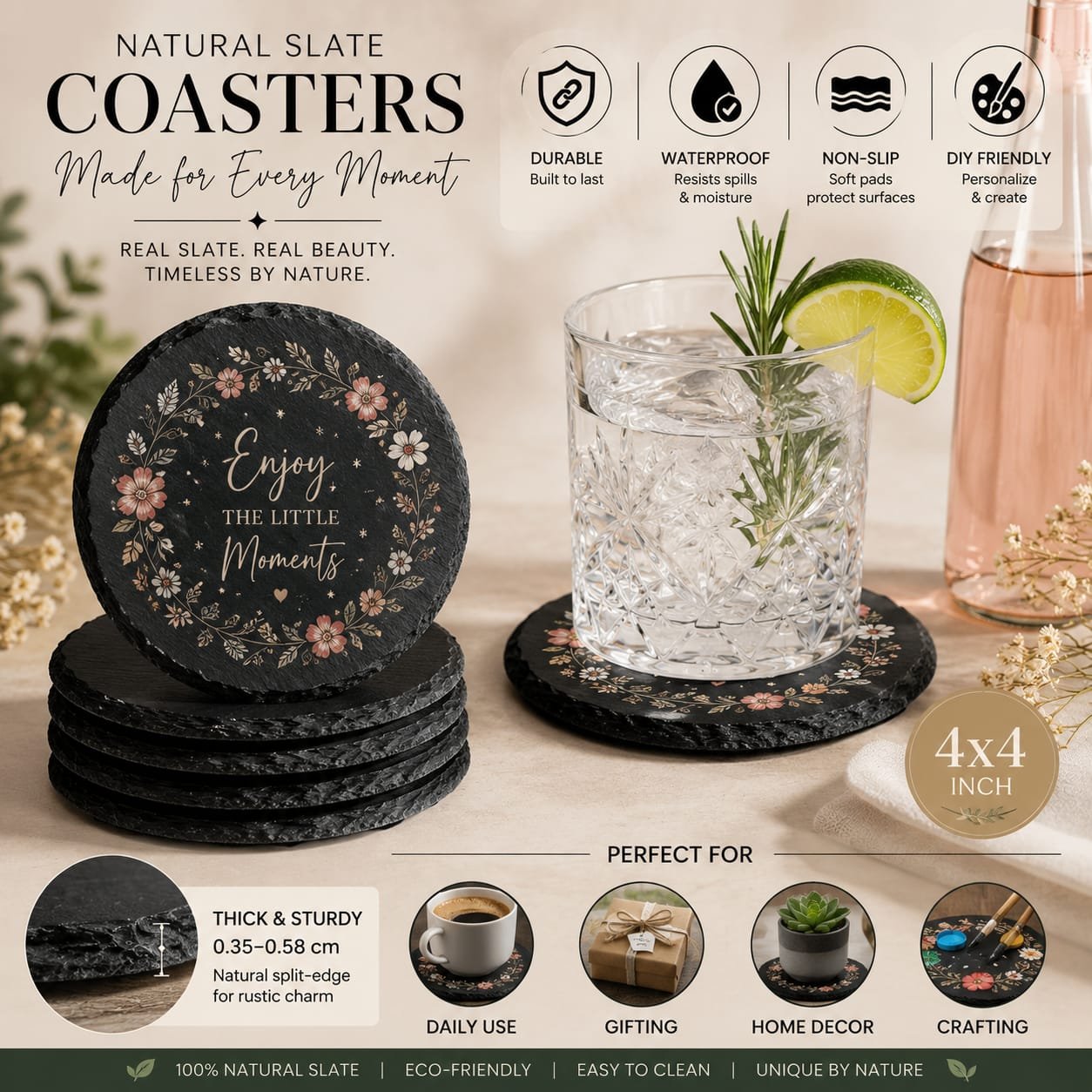 Personalized natural slate coaster featuring the quote "Enjoy The Little Moments" with floral wreath design, rustic stone finish, and custom gift coaster for home décor and drinkware protection.