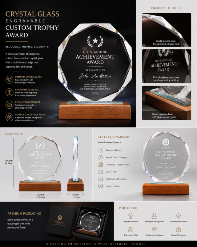 Personalized crystal achievement award trophy with laser engraving, multi-faceted crystal design, and elegant wooden base for corporate recognition and employee awards.
