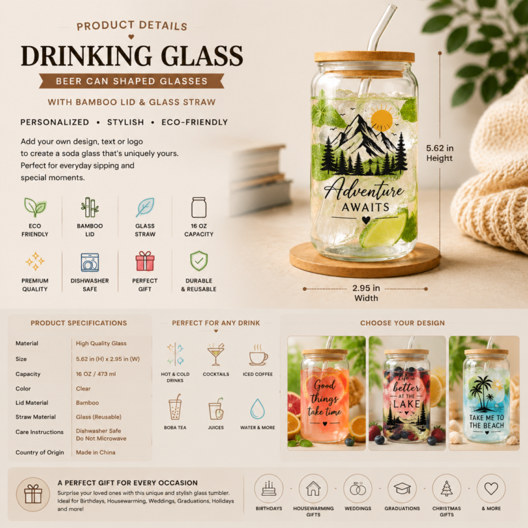 Personalized beer can glass with bamboo lid and reusable glass straw featuring custom UV printed designs, logos, and text on a 16oz drinking glass by Pixel & Beam Creations.