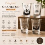 Custom shooter set pack of 4 featuring personalized UV printed designs, names, logos, and text on premium glass shooter glasses, perfect for parties, birthdays, groomsmen gifts, home bars, and special occasions.