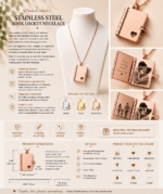 Rose gold stainless steel book locket necklace featuring a customizable mini book pendant with photo engraving pages inside. Personalized photo locket necklace crafted from durable stainless steel with heart cutout design, available in silver, gold, and rose gold finishes. Meaningful keepsake jewelry perfect for anniversaries, weddings, Valentine's Day, Mother's Day, birthdays, memorial gifts, and custom photo gifts for loved ones.