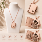 Rose Gold Custom Photo Book Locket Necklace featuring a personalized mini photo album pendant with heart-shaped cutout and custom photo inserts. Elegant stainless steel memory necklace in rose gold finish, perfect for couples, anniversaries, weddings, Valentine's Day, Mother's Day, memorial gifts, and personalized keepsakes. A unique photo locket pendant designed to preserve cherished memories in a timeless and meaningful gift.