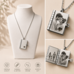 Custom Photo Book Locket Necklace crafted from stainless steel featuring a personalized photo album pendant with heart cutout. This personalized memory necklace opens to display custom photos, making it a meaningful gift for couples, anniversaries, weddings, memorials, Mother's Day, Valentine's Day, and special occasions. Durable stainless steel photo locket keeps cherished memories close to your heart.