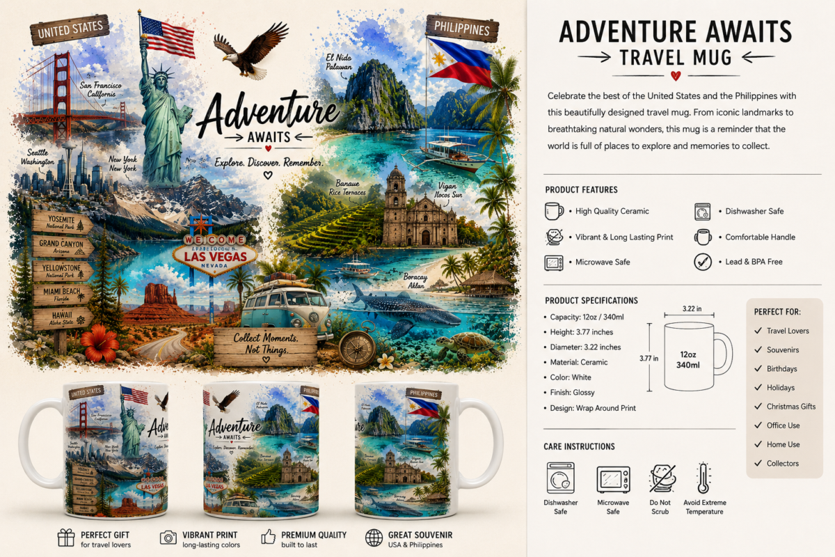 Adventure Awaits ceramic travel mug featuring United States and Philippines landmarks including the Statue of Liberty, Golden Gate Bridge, Las Vegas, El Nido, Banaue Rice Terraces, and Vigan.