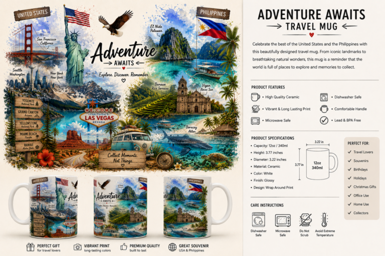 Adventure Awaits ceramic travel mug featuring United States and Philippines landmarks including the Statue of Liberty, Golden Gate Bridge, Las Vegas, El Nido, Banaue Rice Terraces, and Vigan.