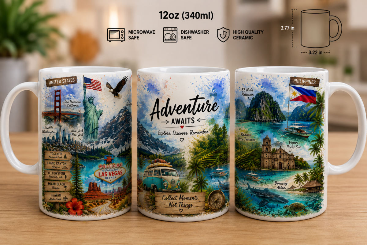 Adventure Awaits 12oz ceramic coffee mug featuring famous landmarks from the United States and Philippines including the Golden Gate Bridge, Statue of Liberty, Las Vegas, El Nido Palawan, Banaue Rice Terraces, Vigan, and Boracay.