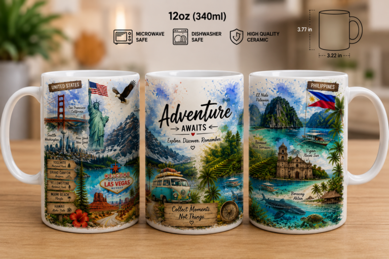 Adventure Awaits 12oz ceramic coffee mug featuring famous landmarks from the United States and Philippines including the Golden Gate Bridge, Statue of Liberty, Las Vegas, El Nido Palawan, Banaue Rice Terraces, Vigan, and Boracay.