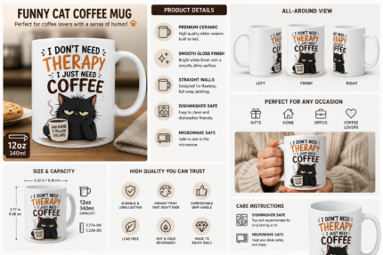 Funny coffee mug featuring a grumpy black cat holding a coffee cup with the humorous quote “I Don’t Need Therapy, I Just Need Coffee.” Premium 12oz ceramic mug perfect for coffee lovers, cat owners, coworkers, office gifts, and daily use.